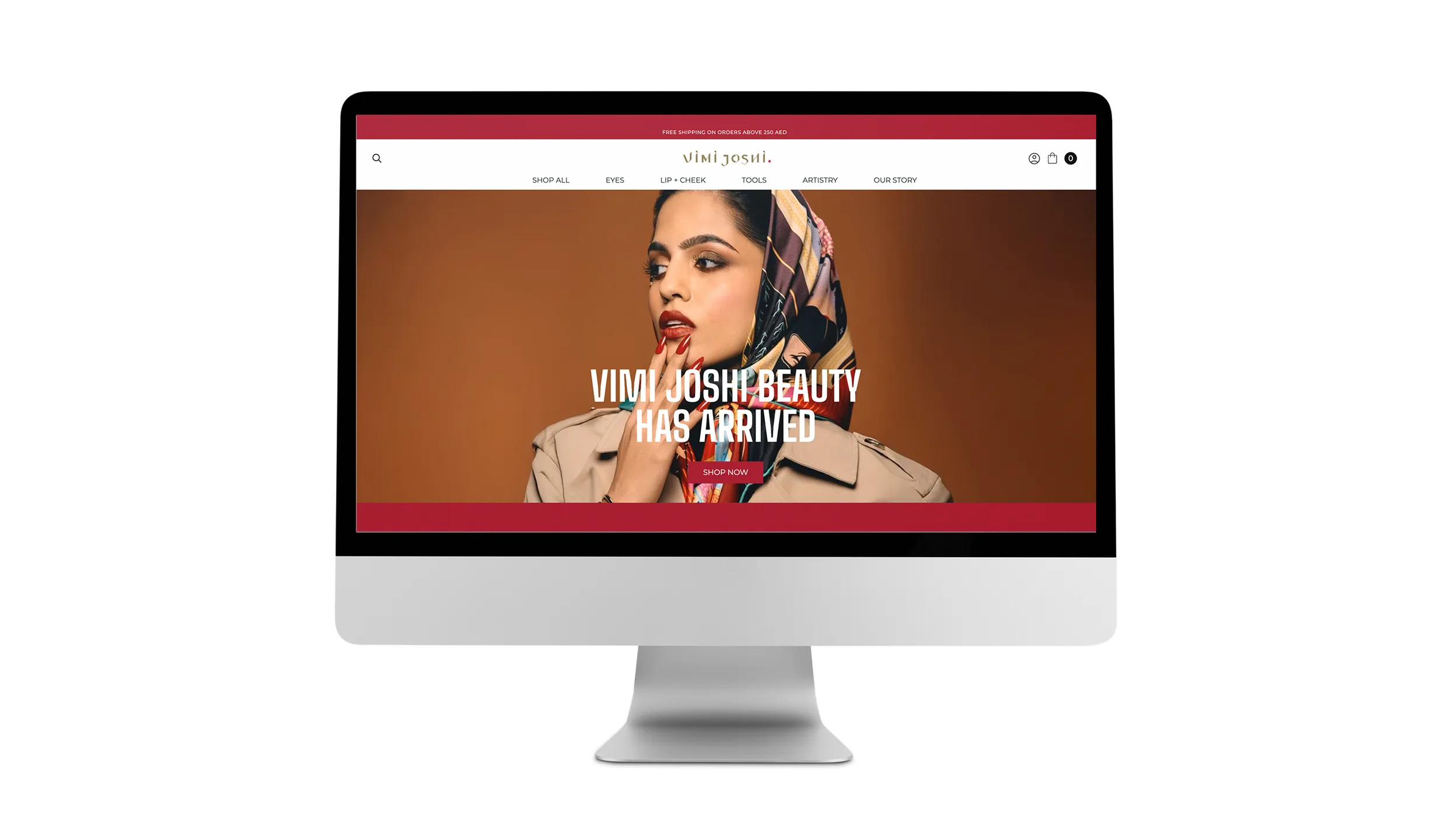 Desktop mockup showing Vimi Joshi Beauty e-commerce website