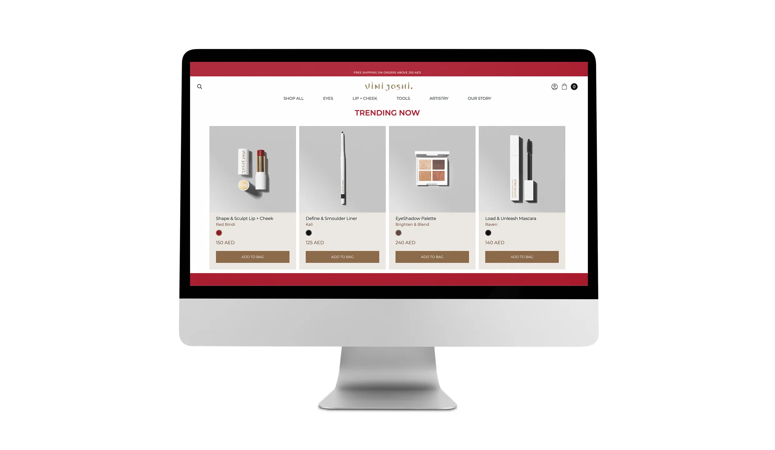 Desktop mockup showing Vimi Joshi Beauty e-commerce website