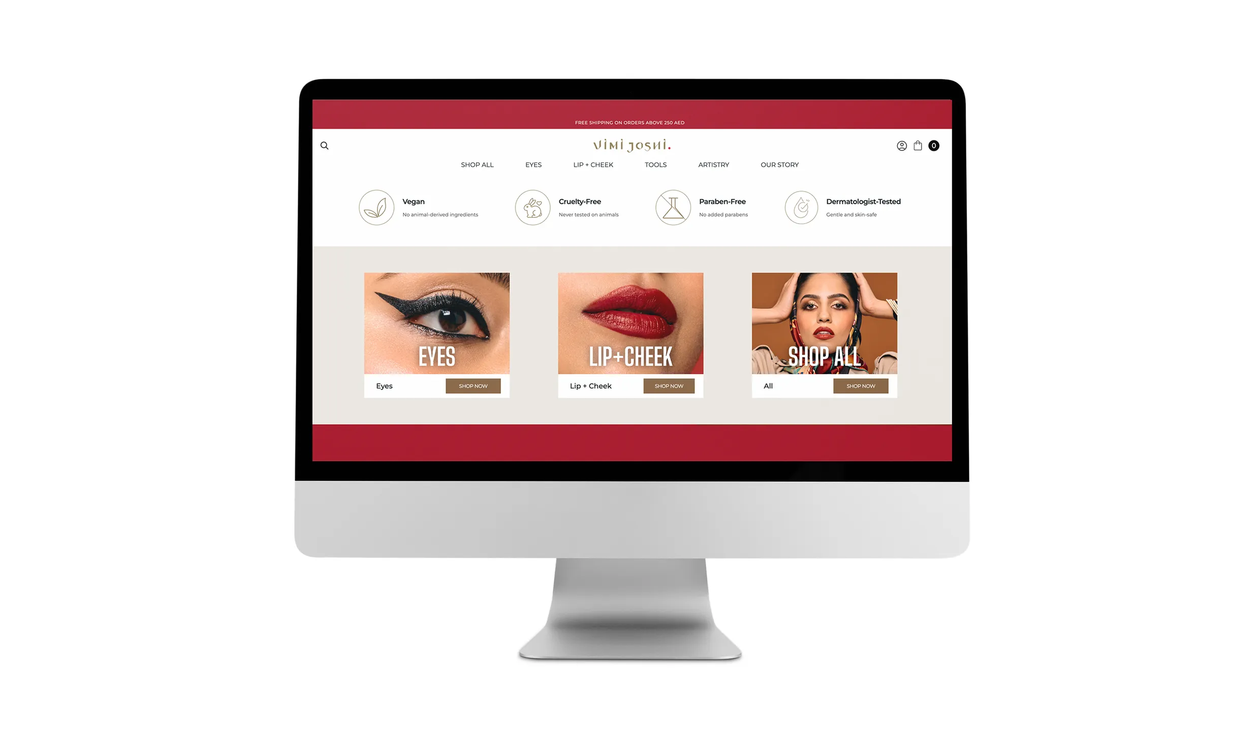 Desktop mockup showing Vimi Joshi Beauty e-commerce website