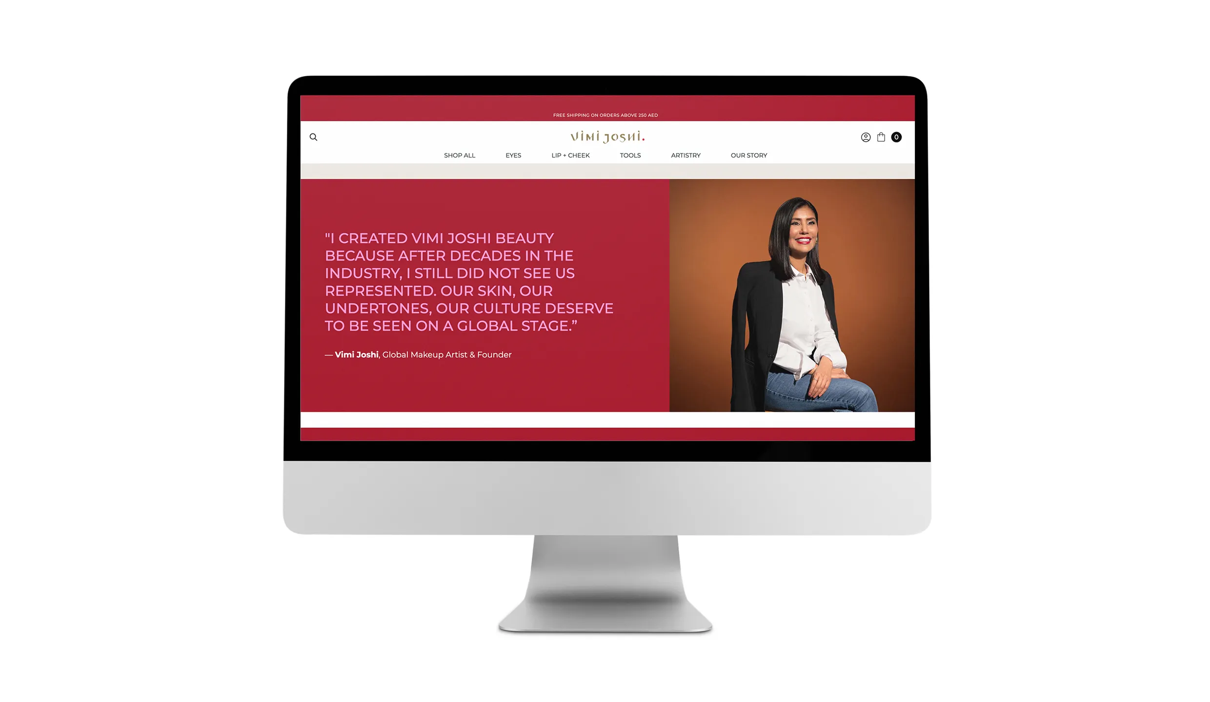 Desktop mockup showing Vimi Joshi Beauty e-commerce website