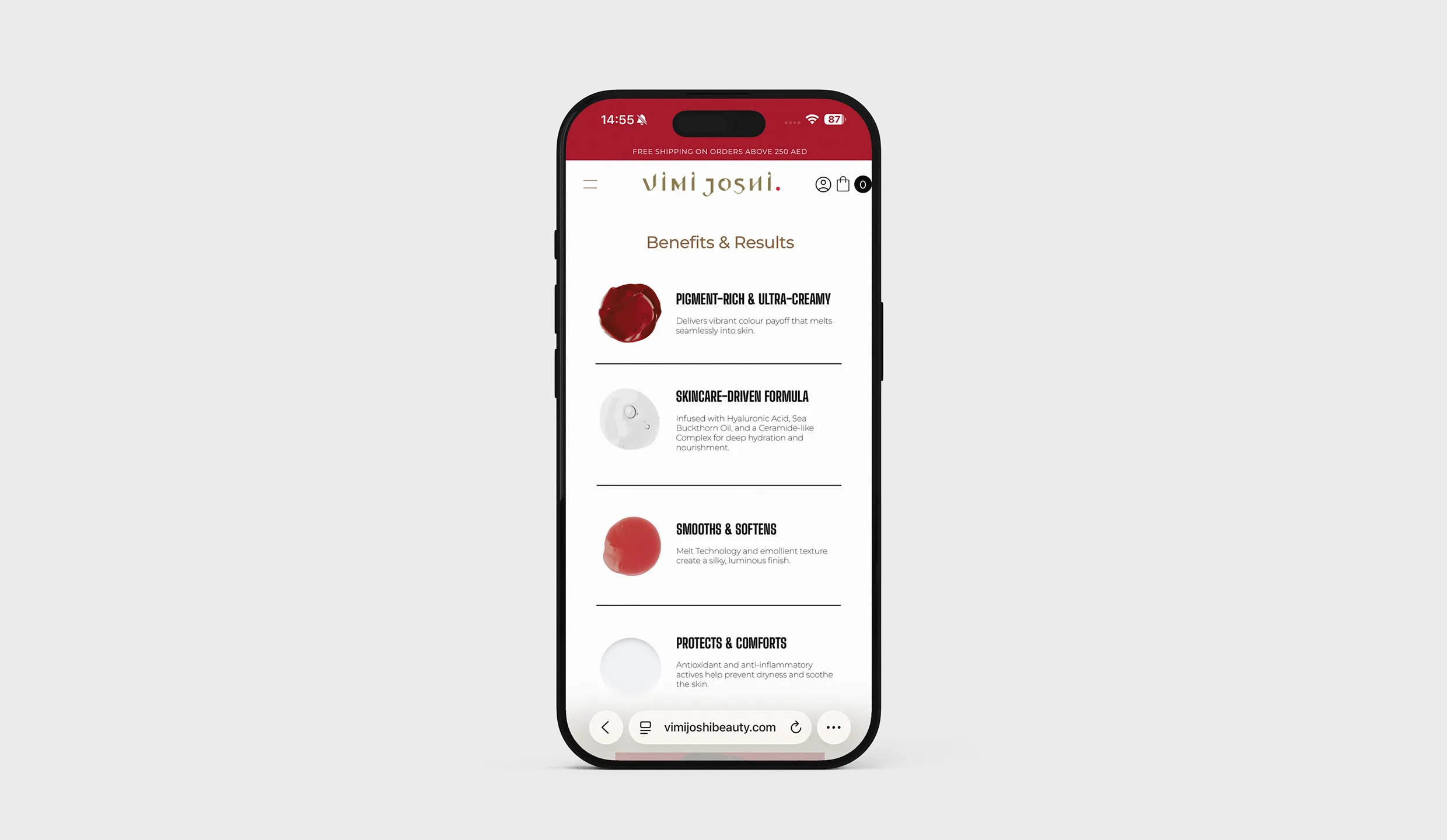 Mobile device mockup showing Vimi Joshi Beauty e-commerce website