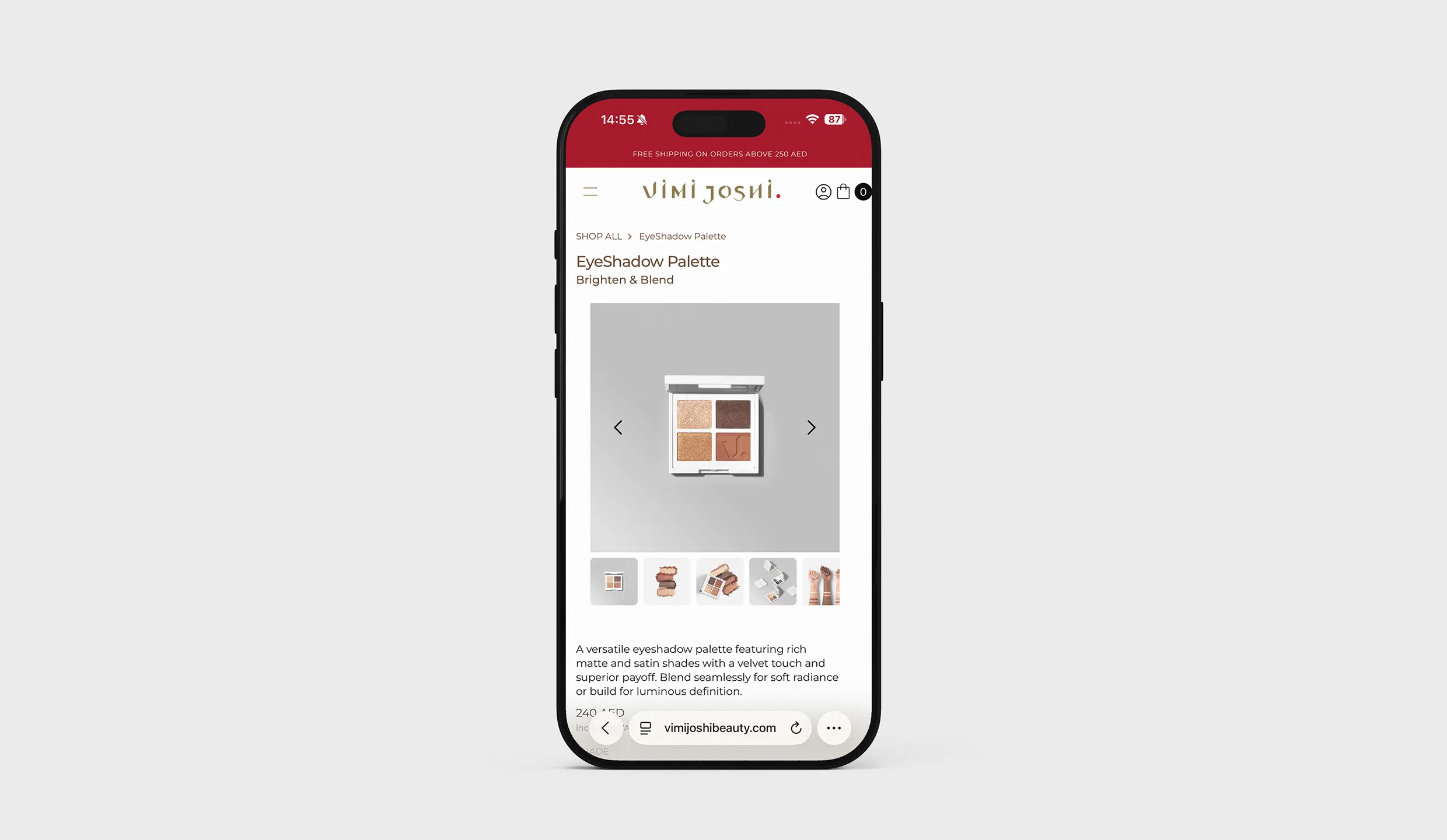 Mobile device mockup showing Vimi Joshi Beauty e-commerce website