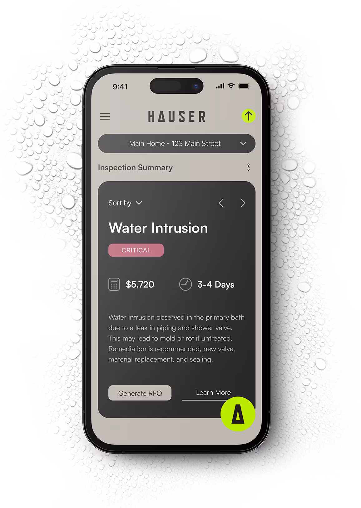 Mobile phone with UI dashboard summary of Hauser. Water condensation behind the phone emulated "water intrusion"