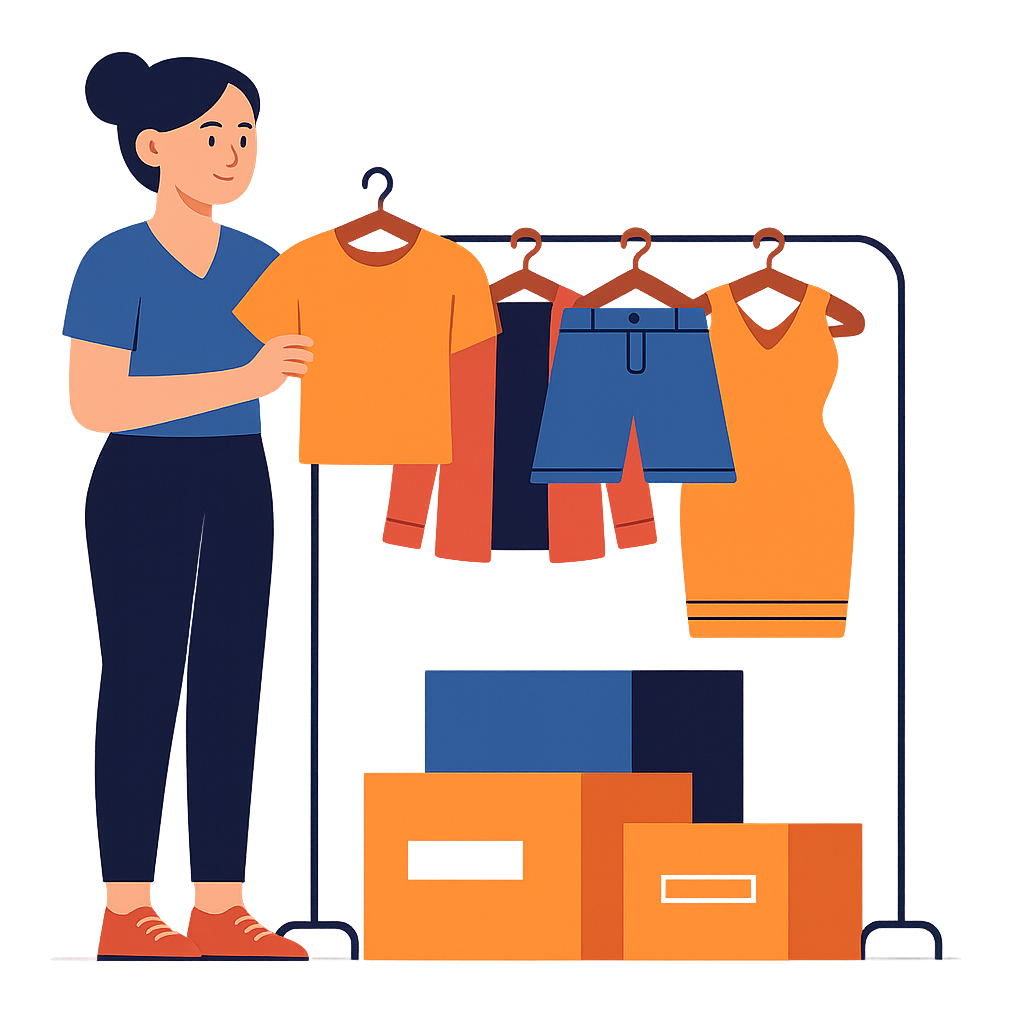 Warehouse associate organizing apparel on a rack with boxed inventory—illustrating hanging, folded, and palletized garment storage.
