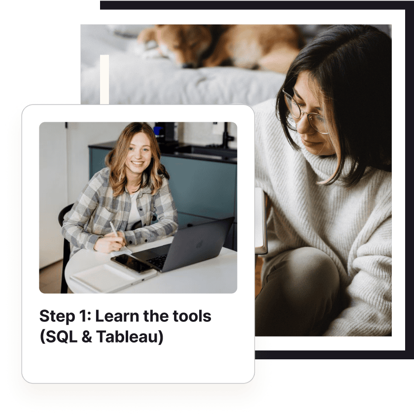 Charlotte Chaze, CEO and Founder of Break Into Tech, sitting at her laptop with a photo of a student in the background