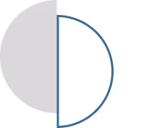 Half circle divided vertically with left side filled in gray and right side outlined in blue.