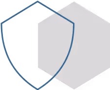Outline of a blue shield overlapping a gray hexagon shape.