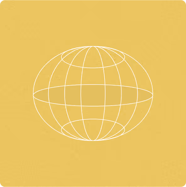 White wireframe globe icon on a mustard yellow background.