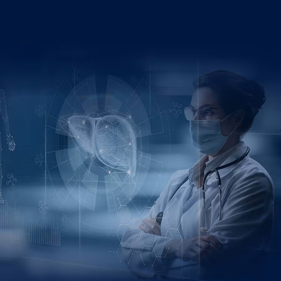 Healthcare professional with a futuristic holographic projection of a liver, representing BeLiver's advanced AI-driven diagnostics for personalized liver cancer (HCC) treatment.