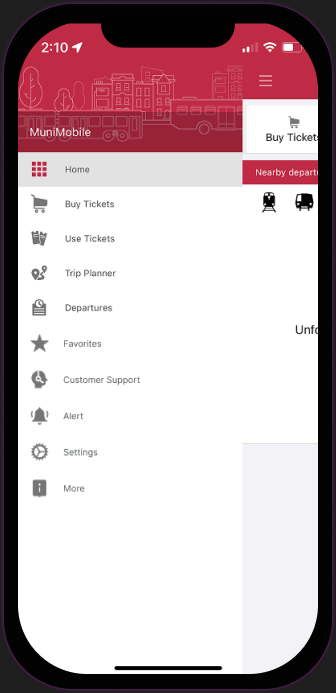 High fidelity prototype: the Muni app navigation menu opened from the hamburger icon