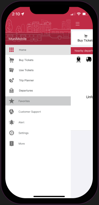 High fidelity prototype: the navigation menu with the new Favorites tab selected