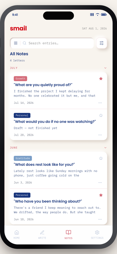 Smail mobile Notes screen