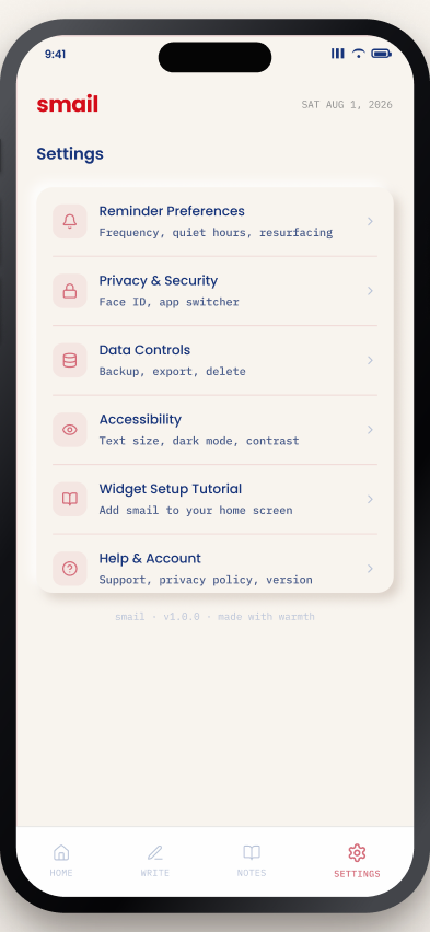 Smail mobile Settings screen
