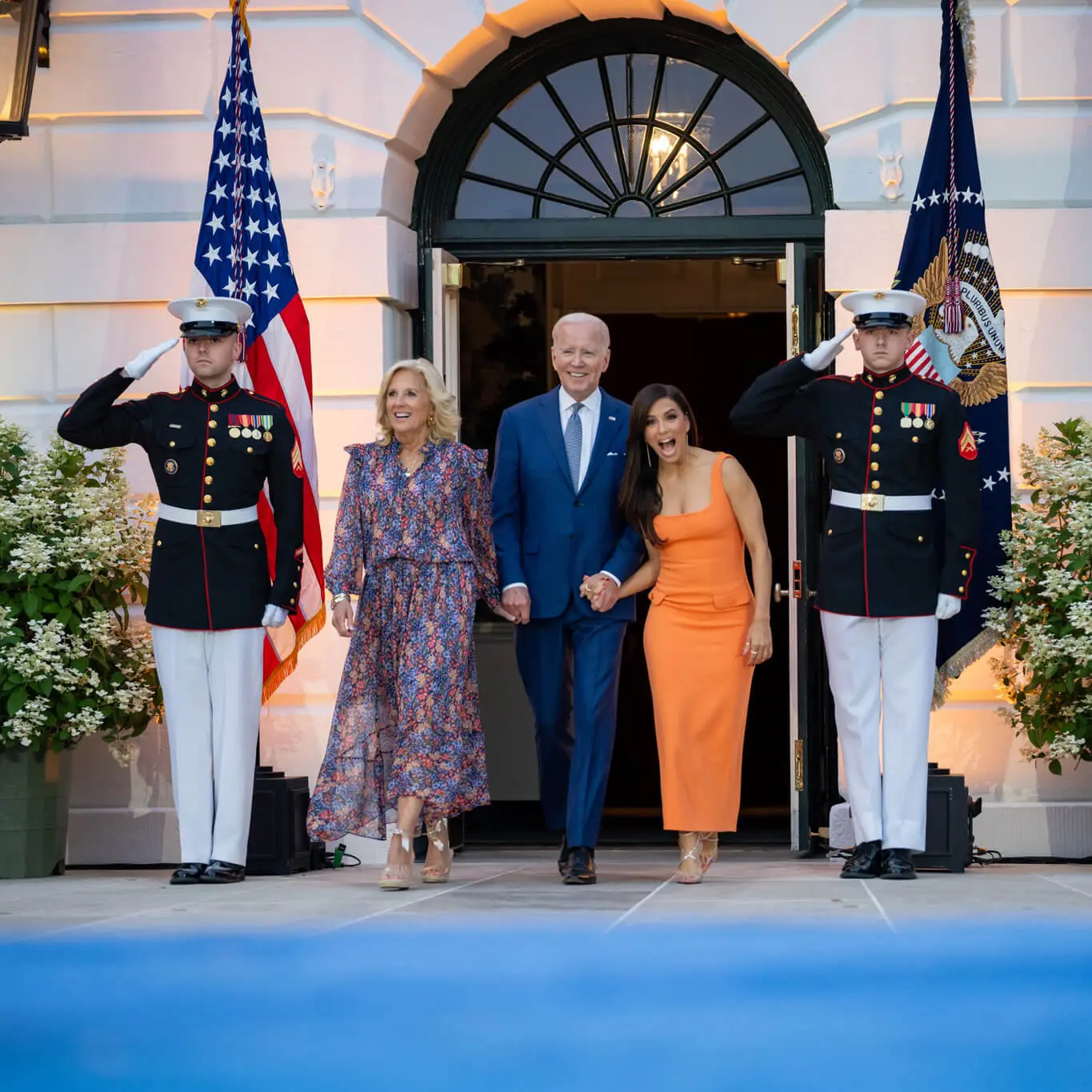 Eva Longoria beaming as she walks out with President Joe Biden and First Lady Jill Biden at a formal White House event