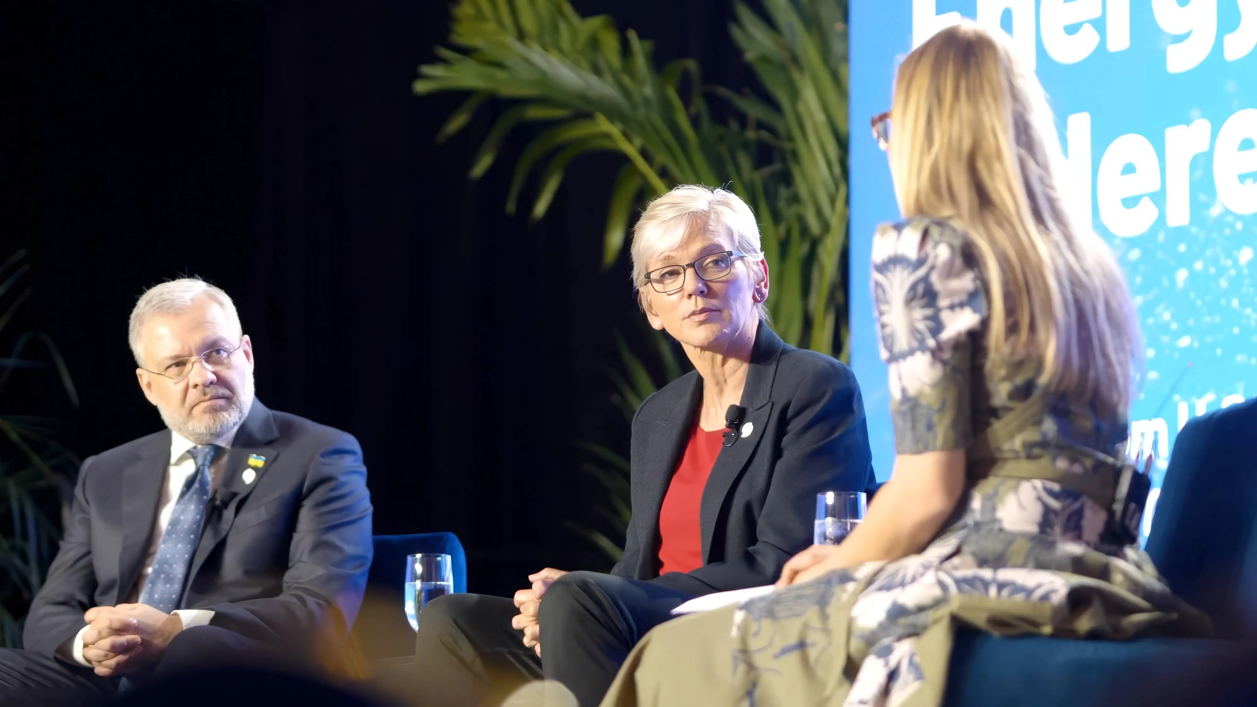 Panel discussion at Grounded Clean Energy Summit featuring Former Secretary of Energy Jennifer Granholm and Ukraine’s Minister of Energy Herman Halushchenko speaking to Piper Perabo who is moderating