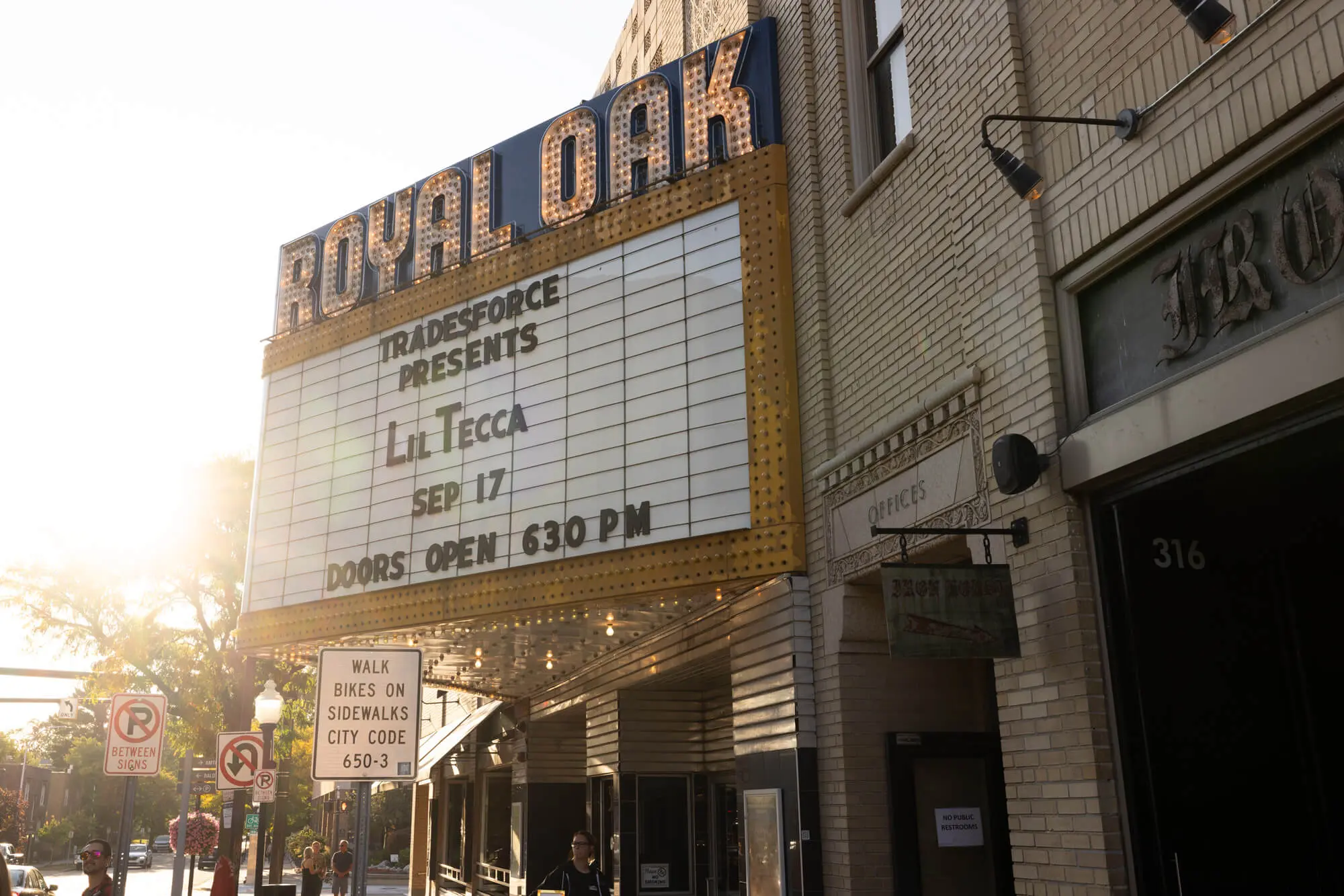 Historic Royal Oak Theatre marquee advertising TradesForce presents Lil Tecca concert on September 17, 2024