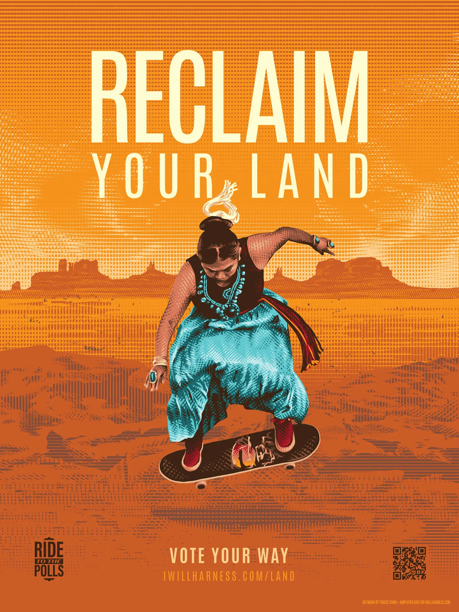 Illustrated 'Reclaim Your Land' poster featuring Native American woman skateboarding in traditional turquoise clothing against orange desert landscape for Skate to the Polls voting campaign