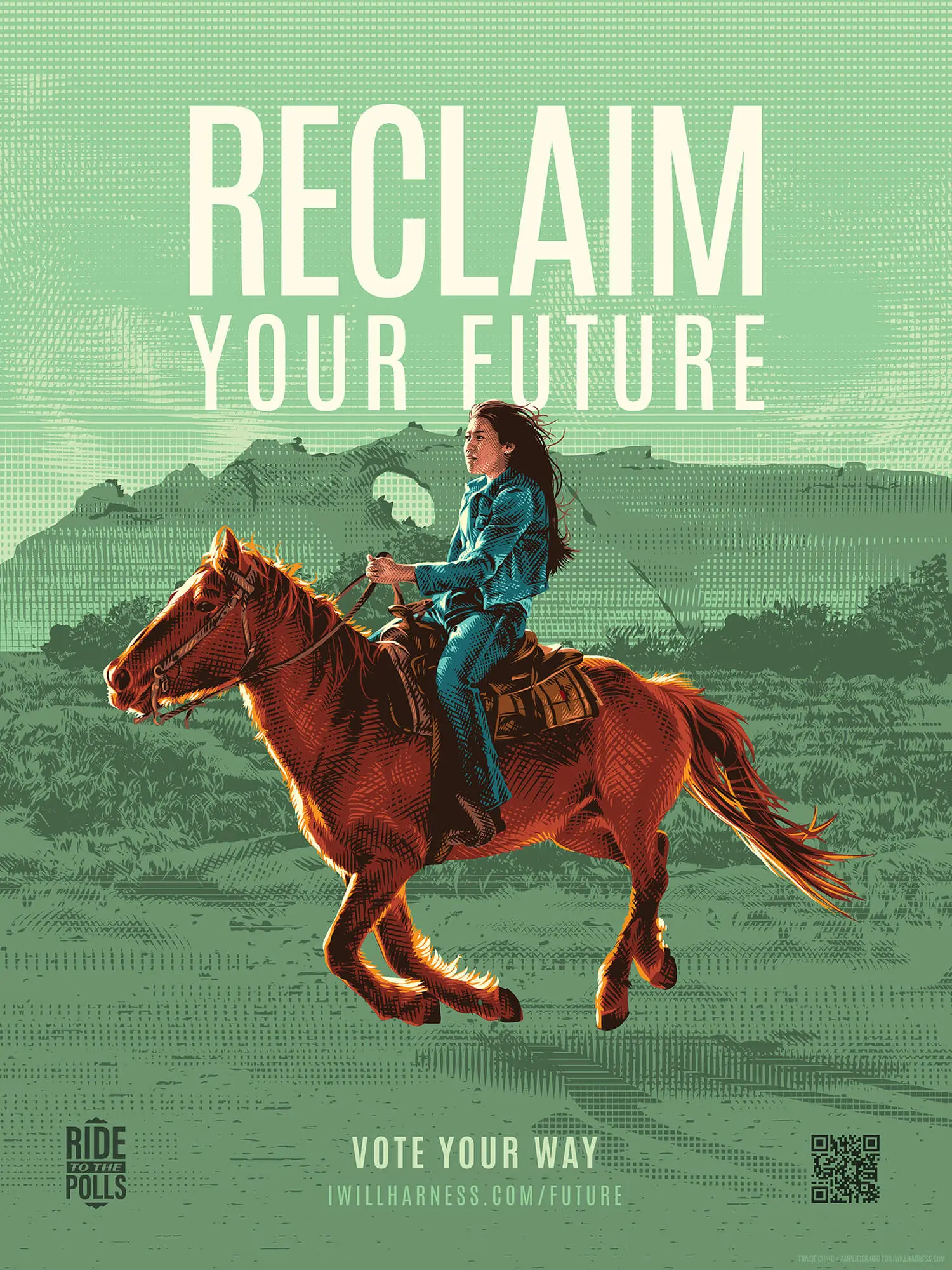 Illustrated 'Reclaim Your Future' poster featuring woman on horseback with green tone background with 'Vote Your Way' message for Ride to the Polls campaign promoting Native American voter participation