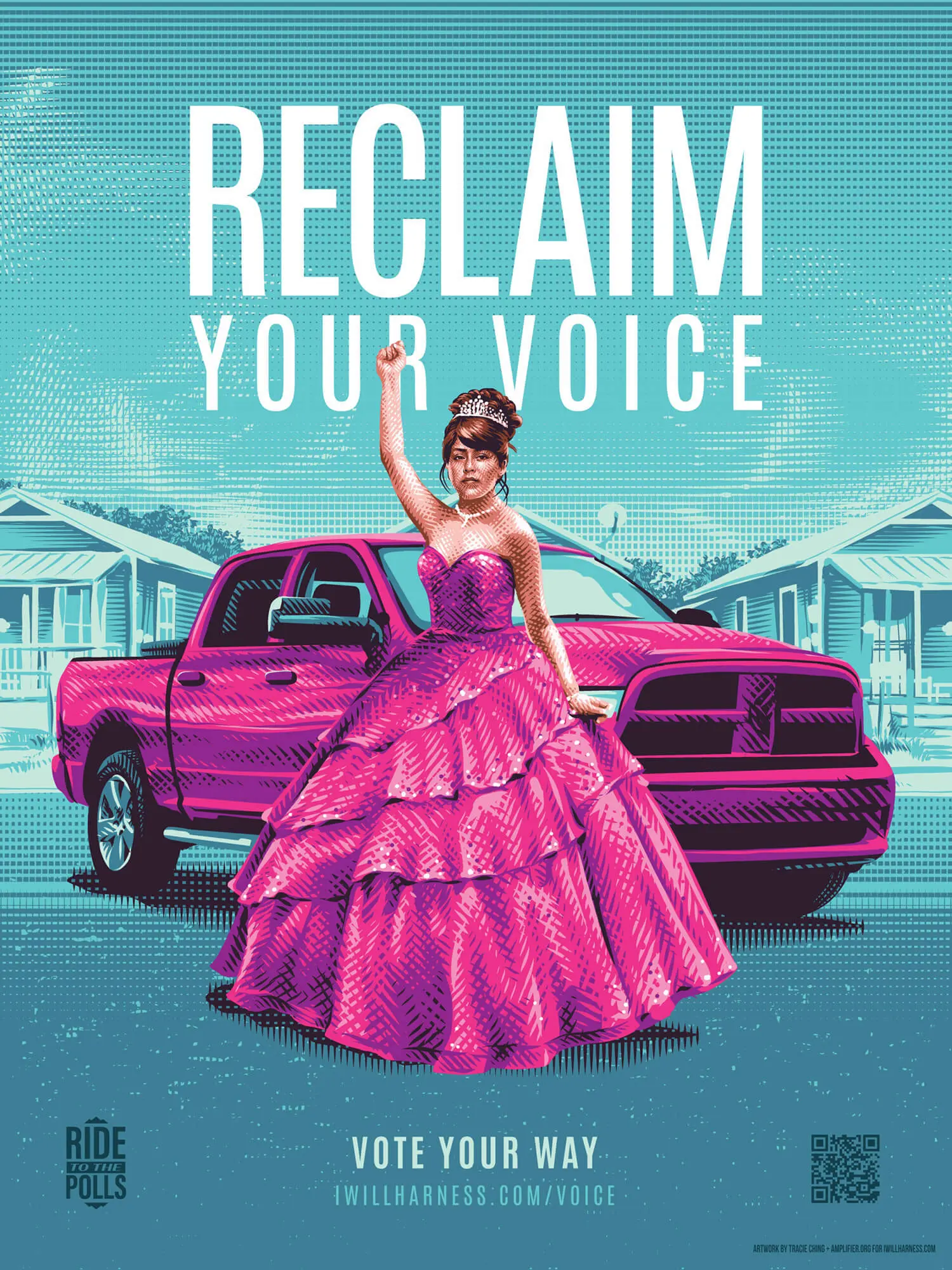 Illustrated 'Reclaim Your Voice' poster featuring woman in pink ball gown and tiara with raised fist standing beside pink pickup truck for Quince to the Polls voting campaign