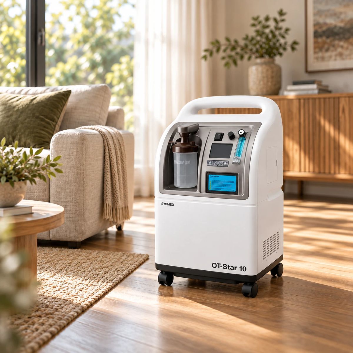 OT-Star 10 home oxygen concentrator with humidifier bottle and flowmeter in a sunlit living room