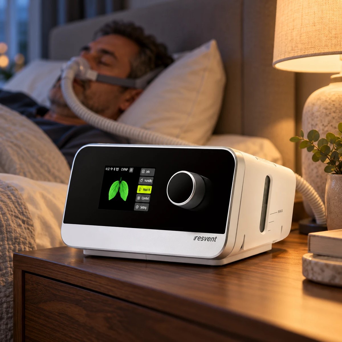 Hombre con apnea del sueño dormido con mascarilla CPAP nasal conectada a un CPAP Resvent iBreeze en la mesa de noche