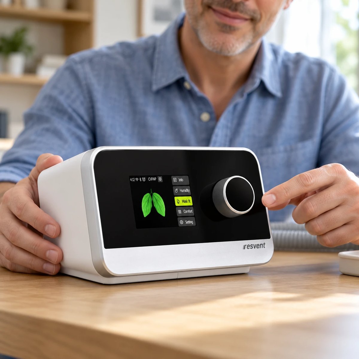 Man setting up a Resvent iBreeze CPAP machine on a table, turning the control knob next to its color screen