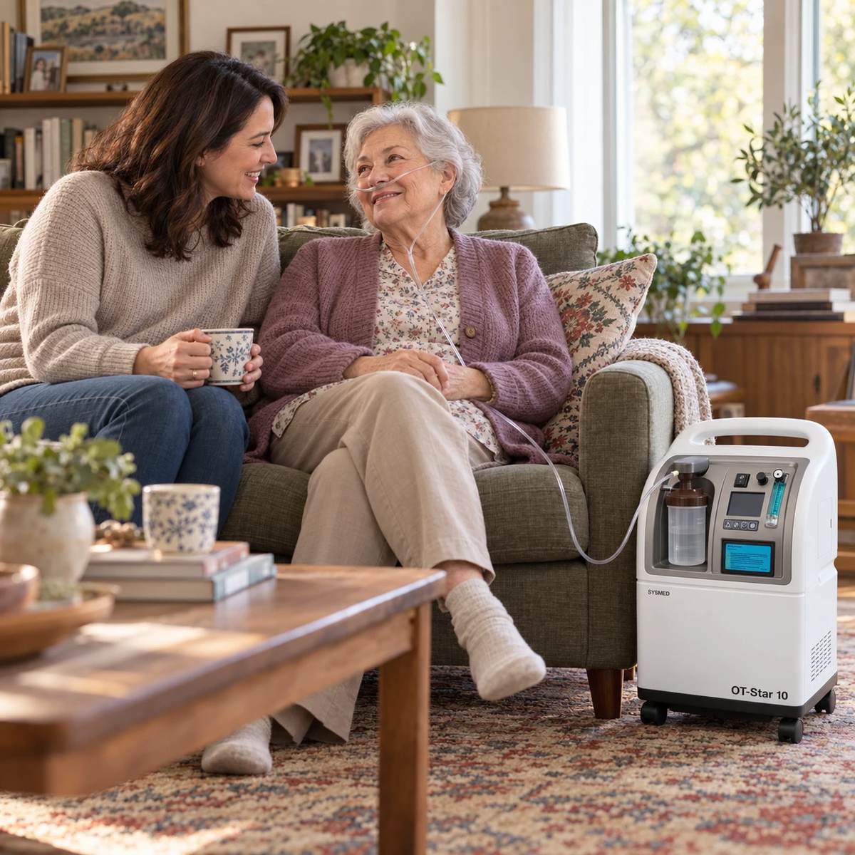 Adulta mayor con oxigenoterapia en casa y cánula nasal conectada a un concentrador OT-Star 10, conversando con su hija