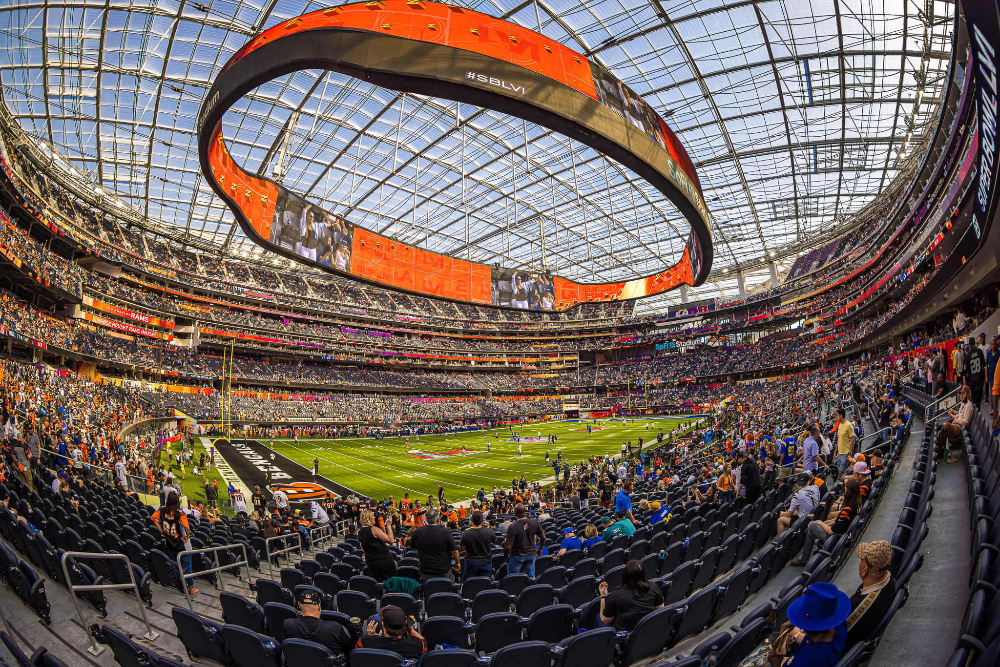 Wide shot of Sofi Stadium during Super Bowl 56