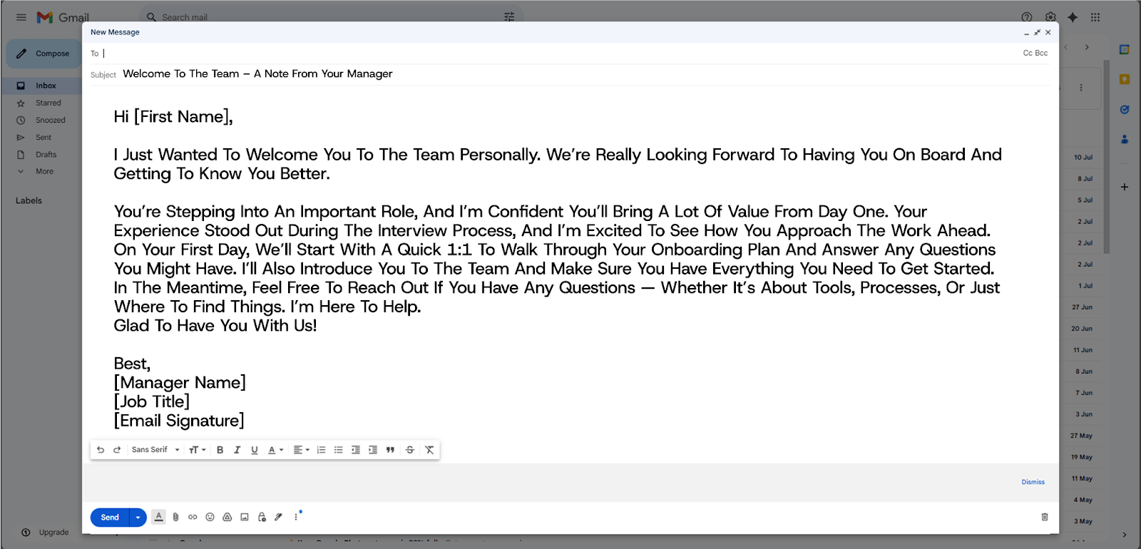 Manager Welcome Email