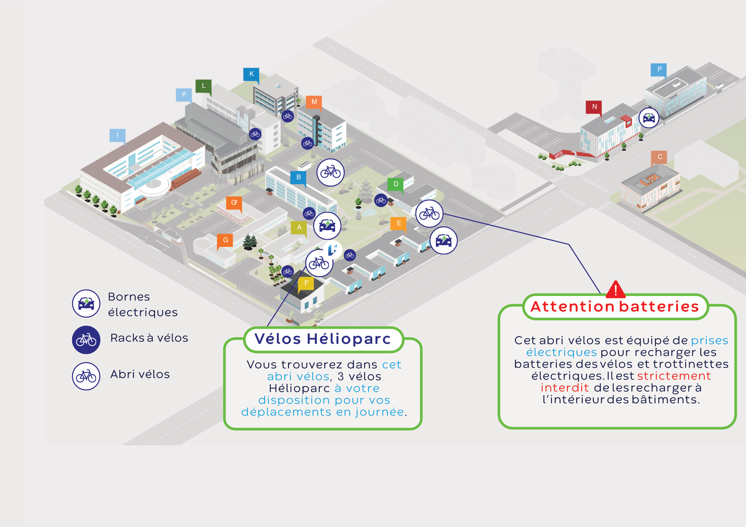 Plan des mobilités d'Hélioparc : abris vélos, racks, bornes électriques