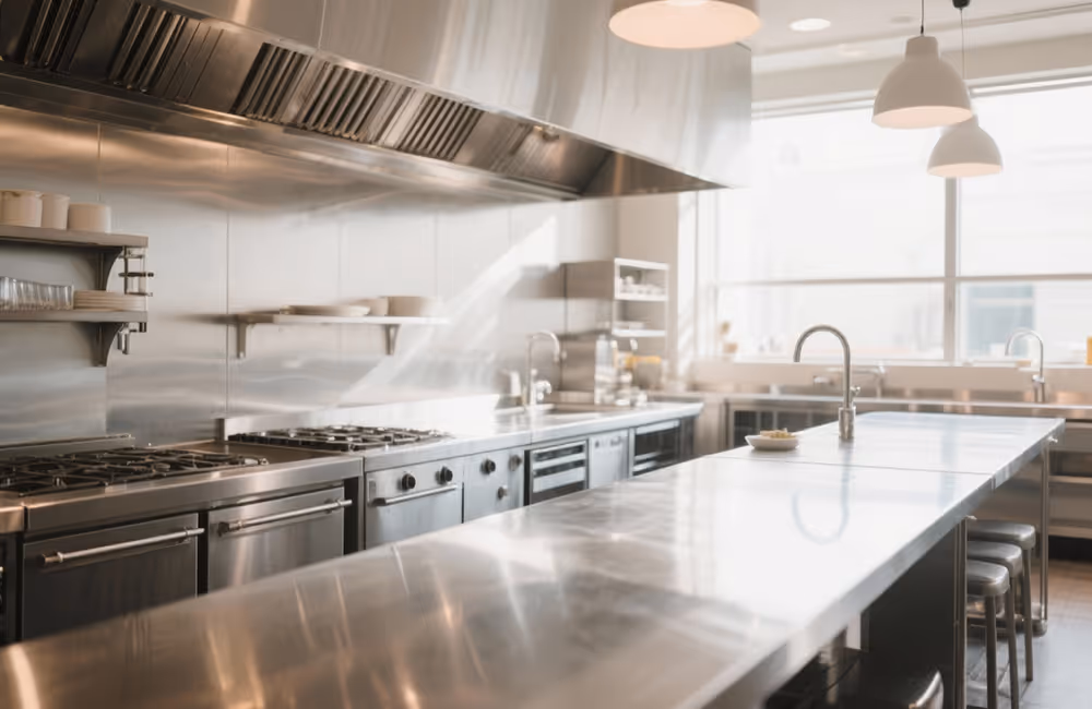 Küchenmitarbeiter bei der Reinigung von Arbeitsflächen und Geräten in einer Restaurantküche – Kristall A+ Gebäudereinigung