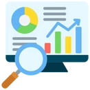 Magnifying glass highlighting data charts including a pie chart and a bar graph with an upward trend line.