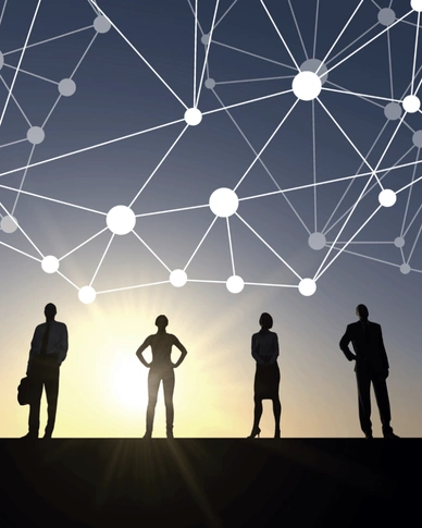 Silhouettes of four business people standing with connected network nodes and lines above them against a sunset background.