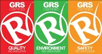Three GRS certified logos for Quality, Environment, and Safety in red, green, and orange.