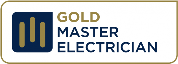 Master Electrician Gold logo with stylized gold M in a blue square and text on white background.