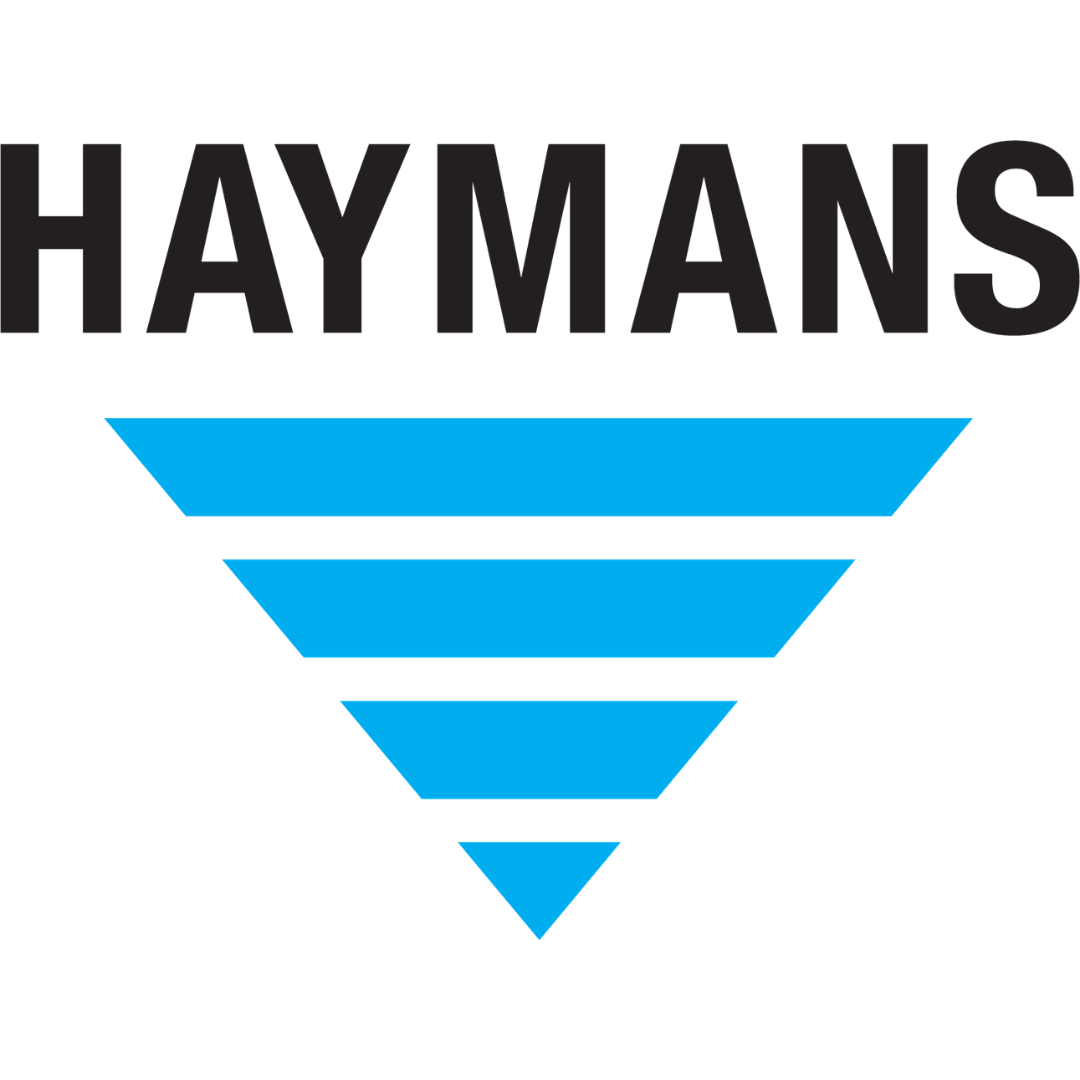 Haymans wordmark above a stacked blue inverted triangle design with four layers.