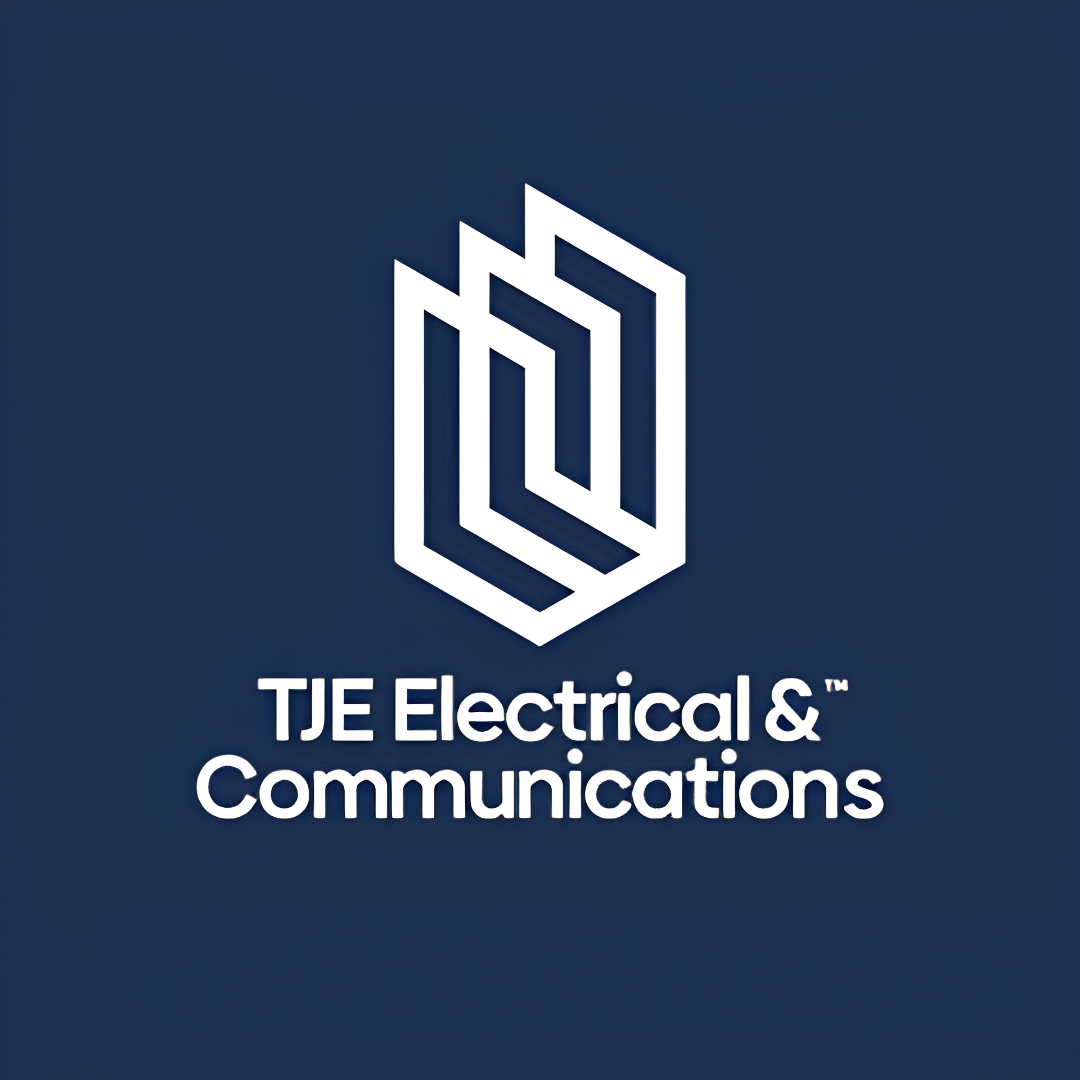 Logo of TJE Electrical & Communications with a white geometric icon on dark blue background.