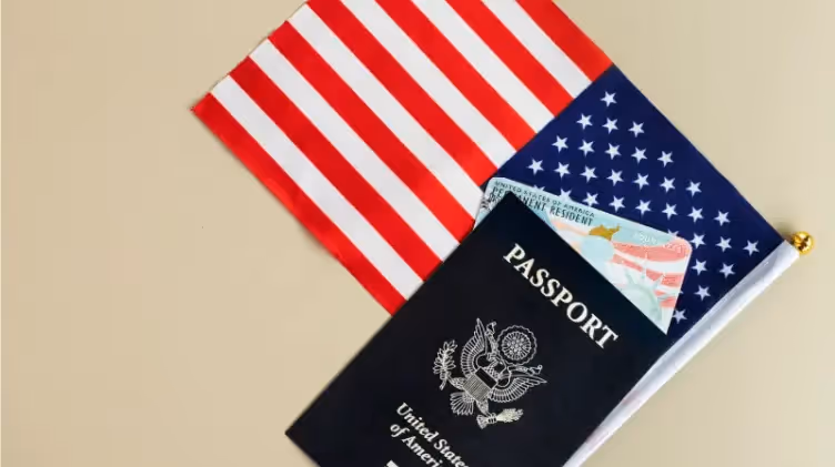 U.S. passport and flag with immigration documents, Beyond Border services.