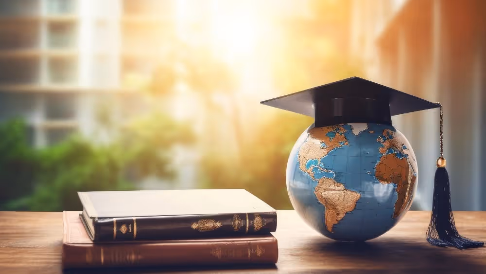 Graduation cap on globe with books for global education Beyond Border