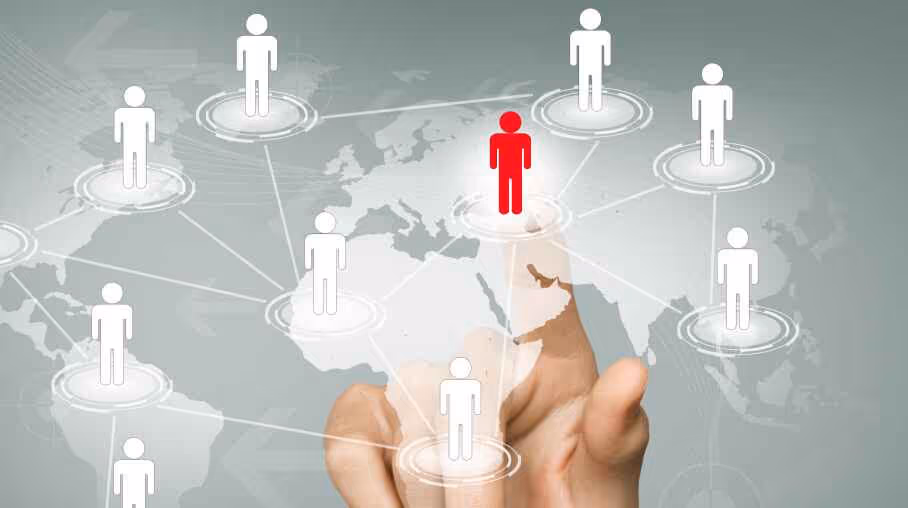Finger selecting highlighted person on global network map Beyond Border