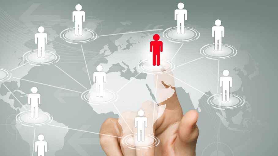 Finger selecting highlighted person on global network map Beyond Border