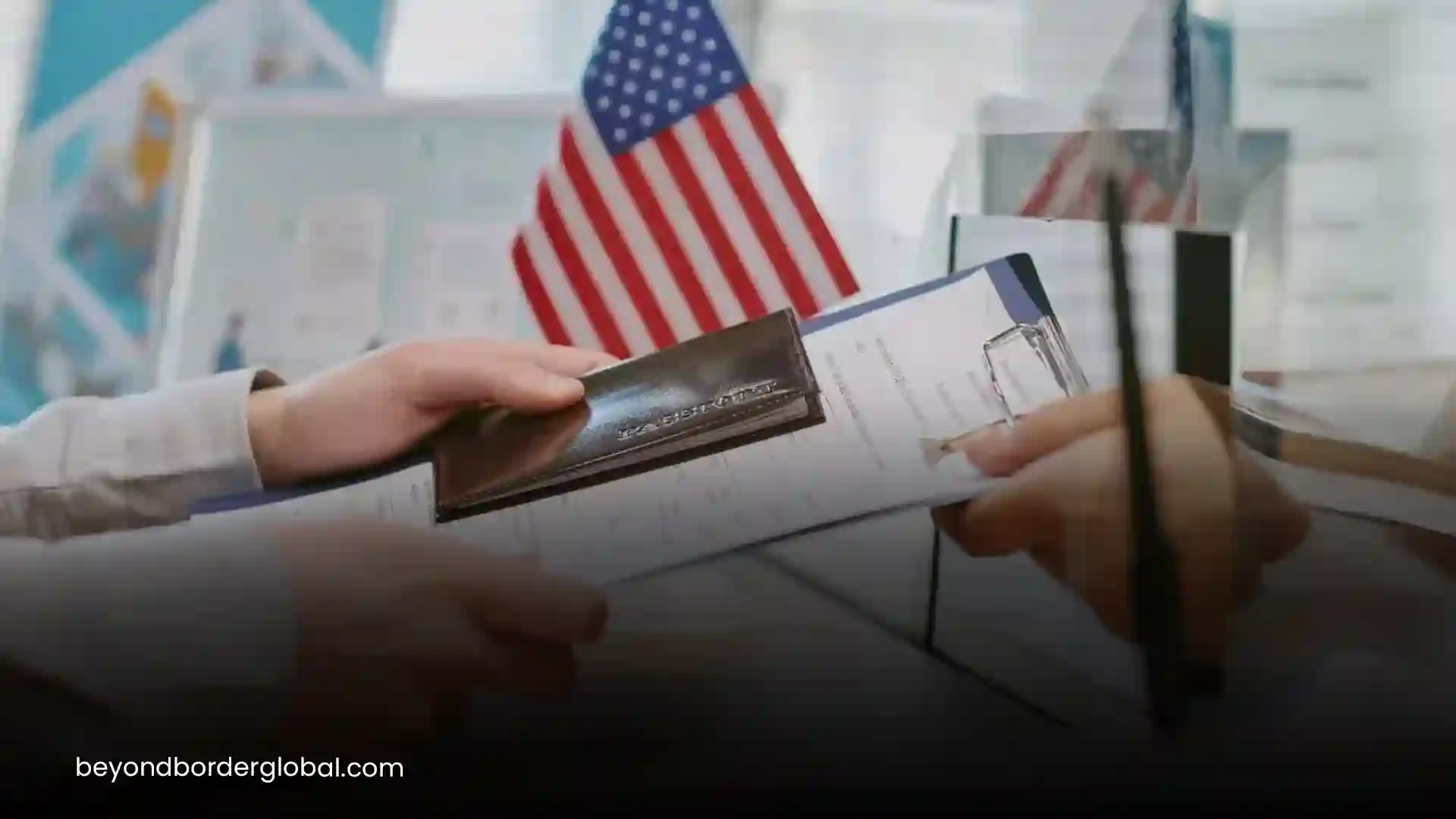 U.S. green card being handed over with American flag in the background Beyond Border
