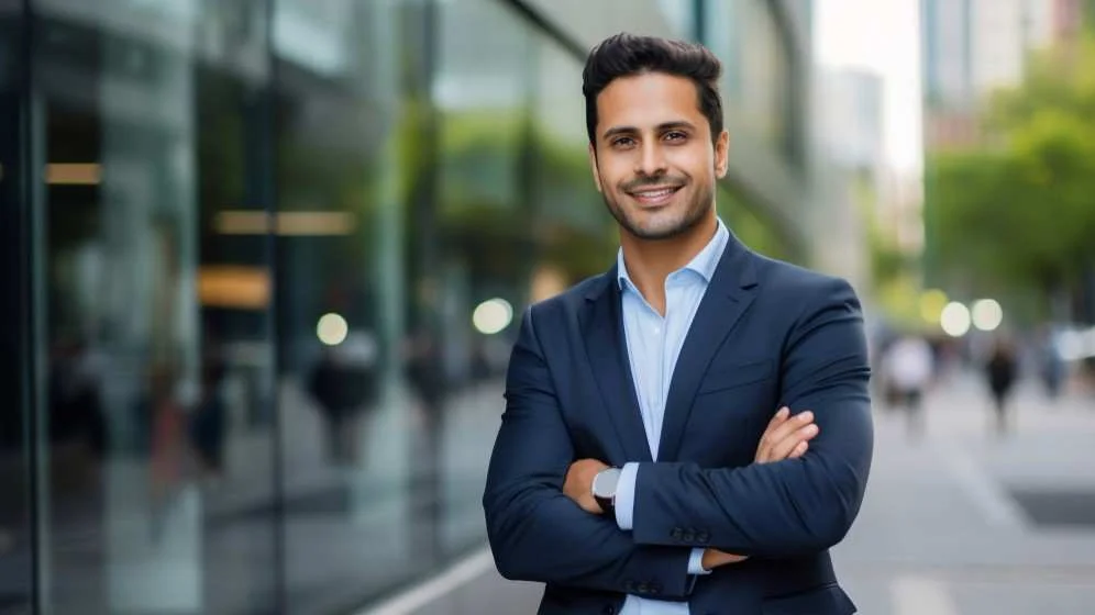 Confident businessperson standing outdoors in front of a glass building Beyond Border