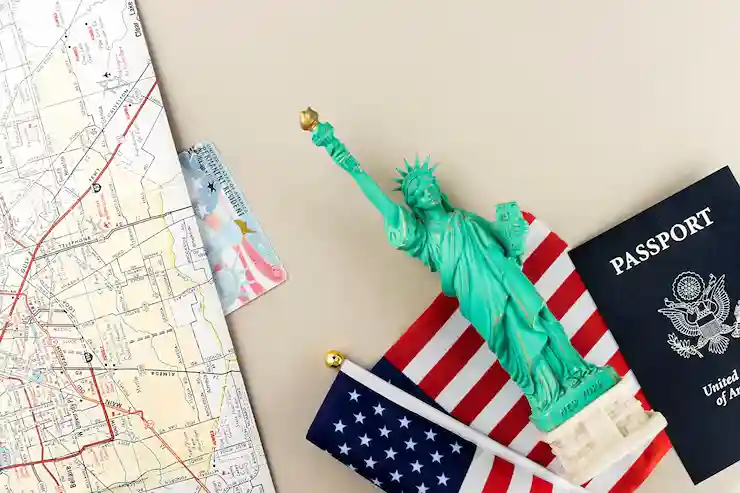 Statue of Liberty, U.S. passport, and American flag on top of a map Beyond Border