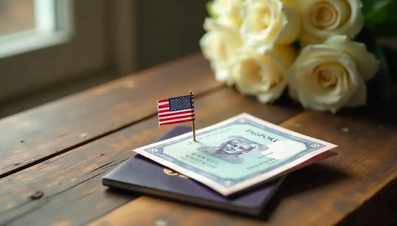 US flag on green card over passport with flowers on table. Beyond Border