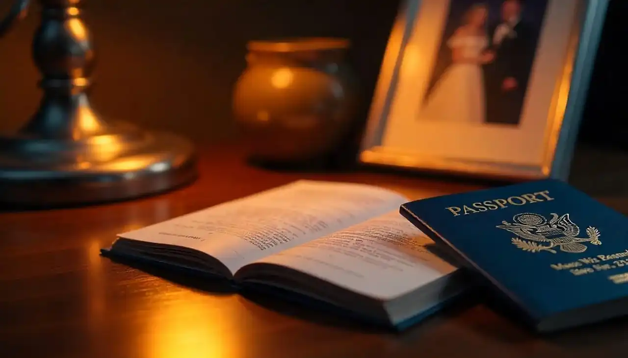 U.S. passport on table with open book and photo frame Beyond Border