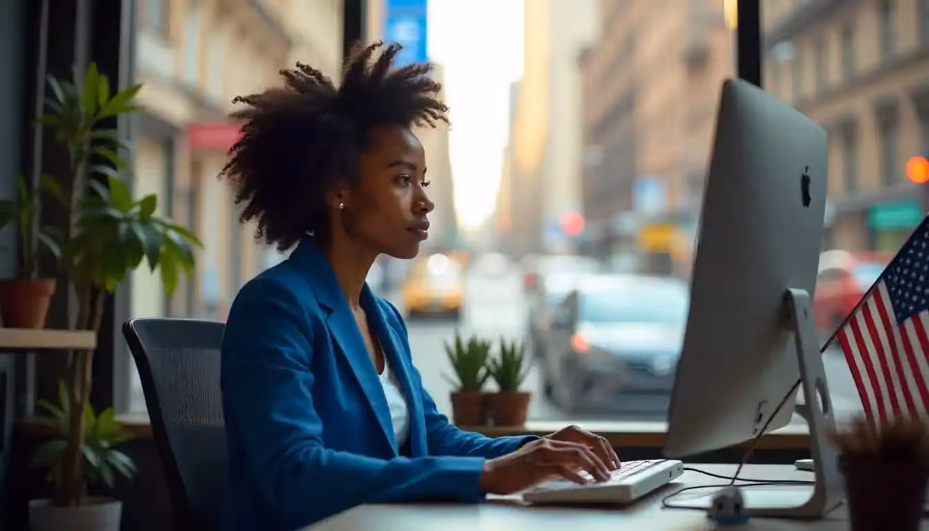 Professional woman working at desktop in city office Beyond Border
