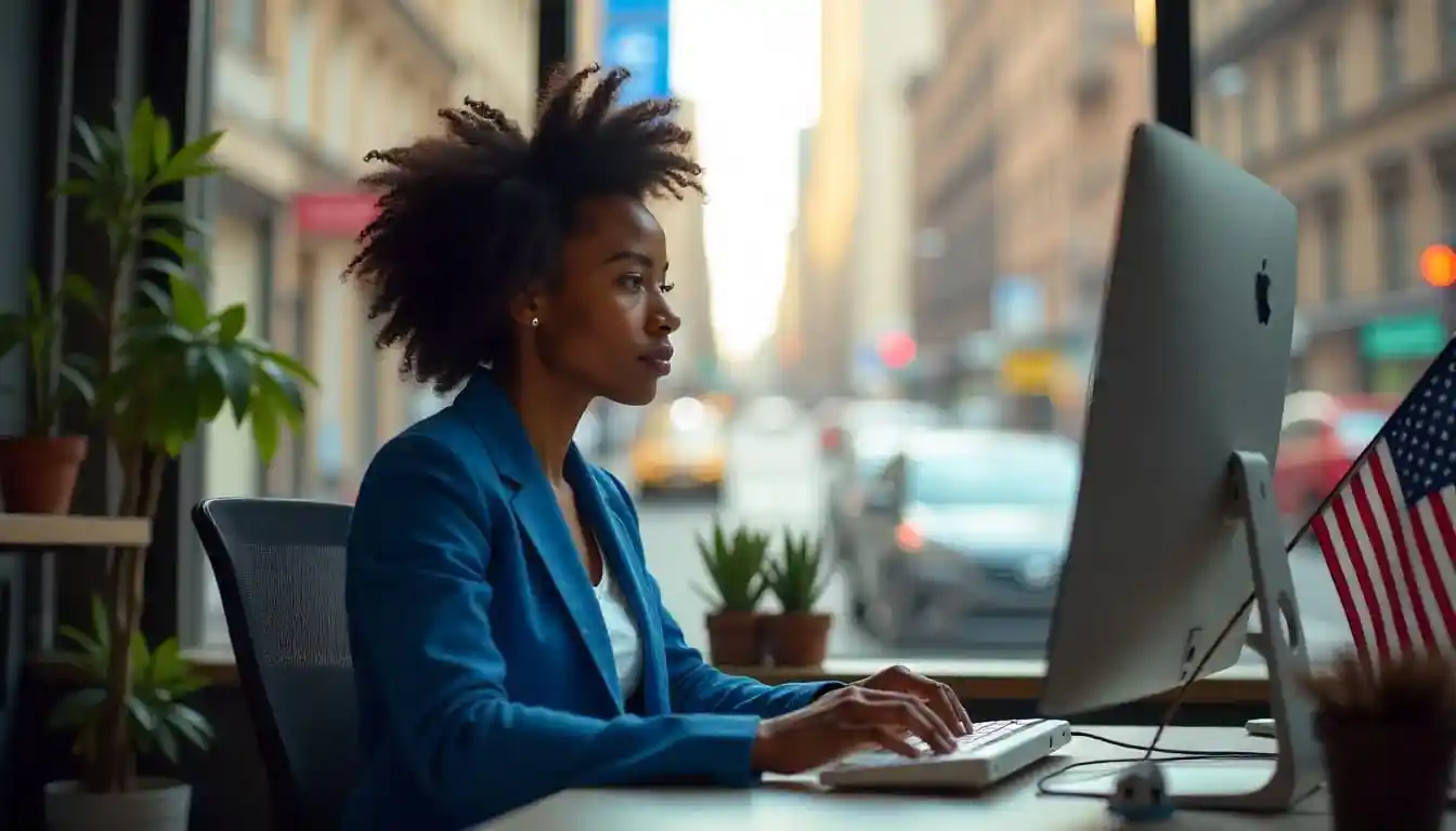 Professional woman working at desktop in city office Beyond Border