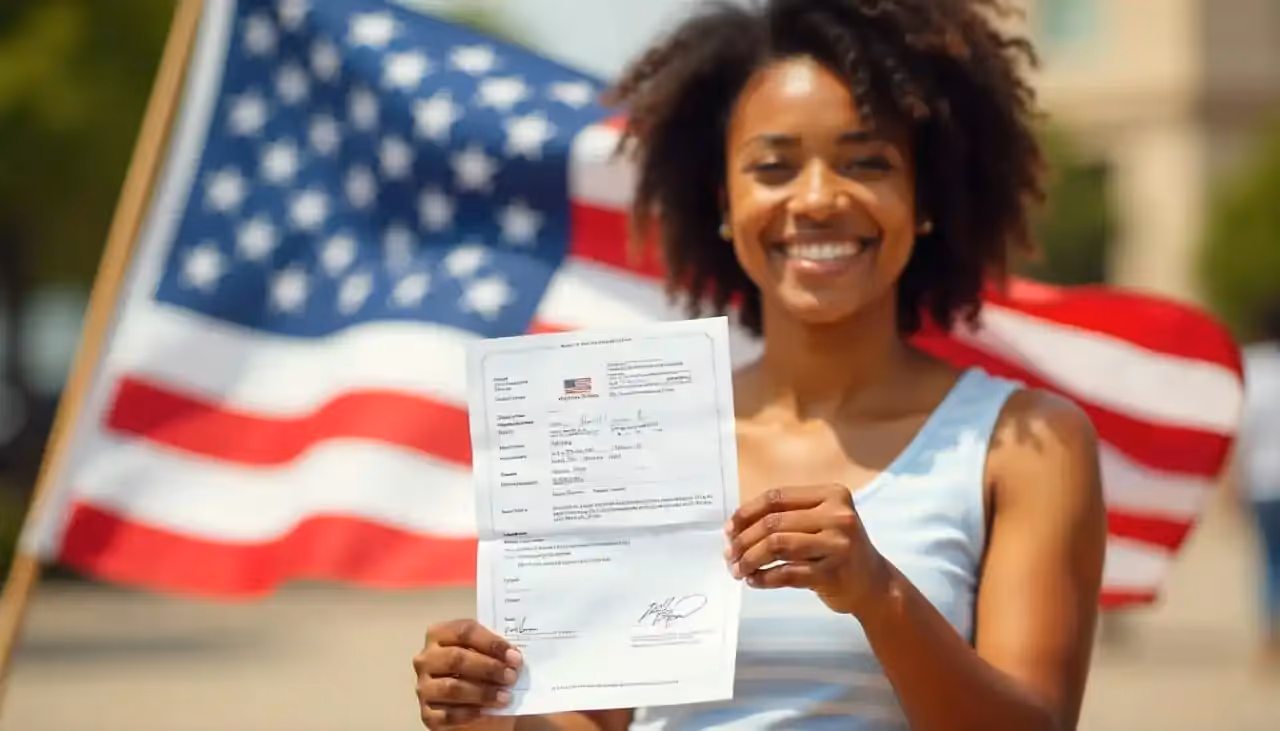 Person smiling while holding an approval document with a U.S. flag in the background