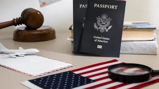 US passports, gavel and flag on desk Beyond Border